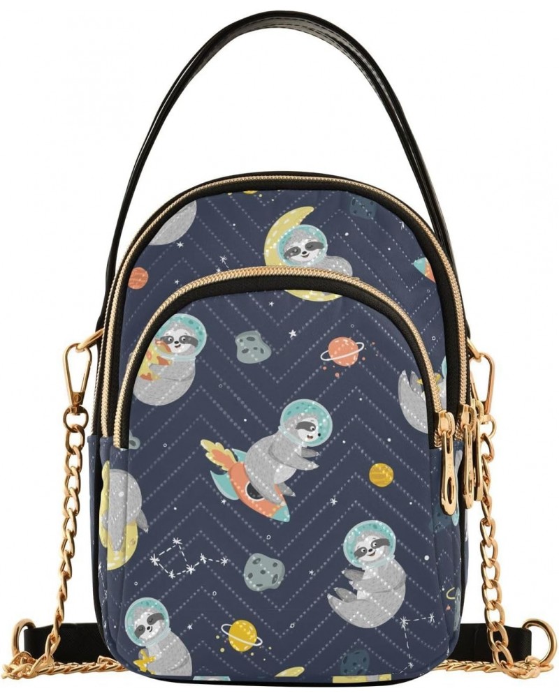 Funny Sloth Astronaut Small Crossbody Handbag for Women Mini Over Shoulder Purse with Three Zippered Pockets Durable Holder W...