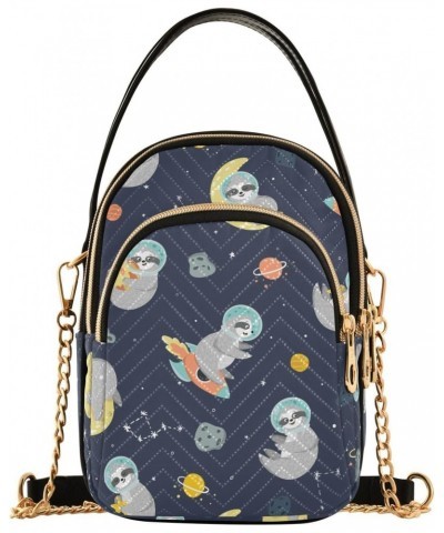 Funny Sloth Astronaut Small Crossbody Handbag for Women Mini Over Shoulder Purse with Three Zippered Pockets Durable Holder W...