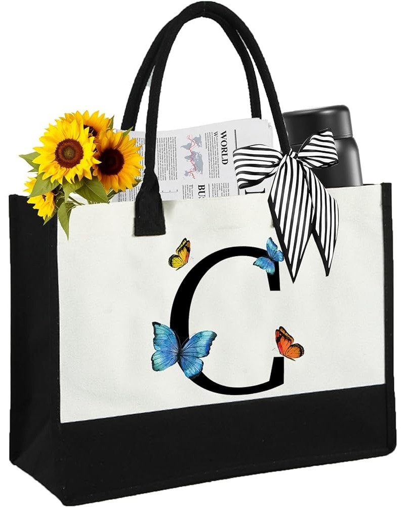 Butterfly Initial Canvas Tote Bag Beach Bag for Birthday Women Bride Wedding Christmas Thanksgiving Letter C $10.43 Totes