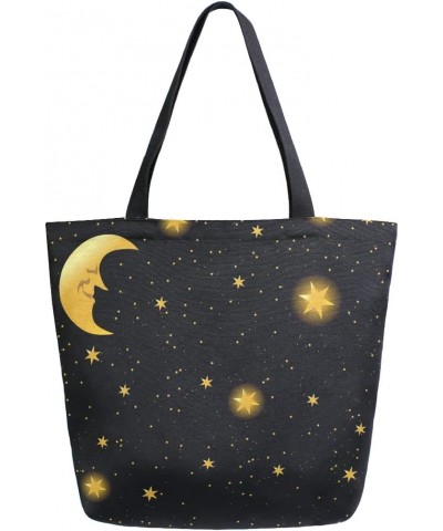 Starry Night Sky Moon Star Large Canvas Tote Bag Shopping Shoulder Handbag with Small Zippered Pocket $11.65 Totes