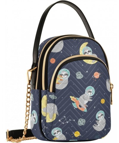 Funny Sloth Astronaut Small Crossbody Handbag for Women Mini Over Shoulder Purse with Three Zippered Pockets Durable Holder W...