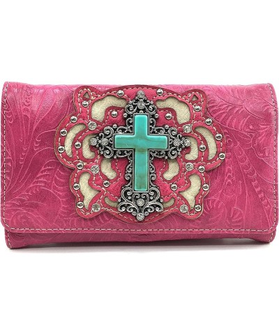 Western Floral Laser Cut Embroidery Studded Silver Rhinestone Cross Wristlet Trifold Wallet Attachable Long Strap Hot Pink $1...