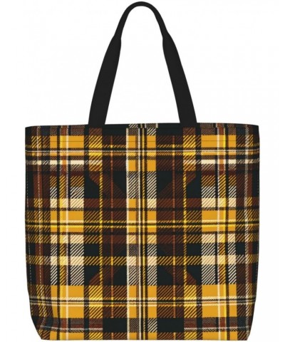 Women'S Soft Tote Shoulder Bag Brown-Yellow-Tartan Foldable Travel Purse With Zipper Closure $12.80 Totes