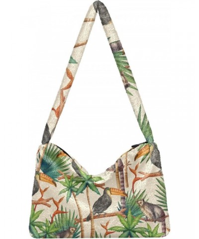 Tropical Animals Furry Tote Bag for Women Crossbody Bag Shoulder Purses Clutch Purse with Zipper for Work Shopping $8.40 Totes