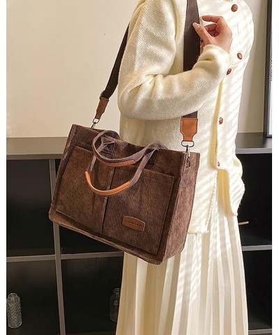 Corduroy Tote Bag for Women Fashion Multi-pocket Handbags Casual Crossbody Hobo Bag Cute Satchel Shoulder Bag 2024 A-coffee $...