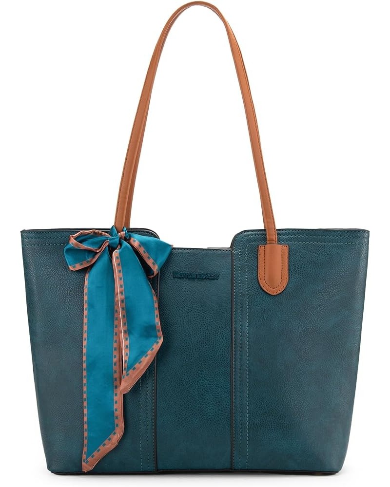 Tote Bags for Women Large Top Handle Handbags with Scarf Teal Blue $28.02 Totes