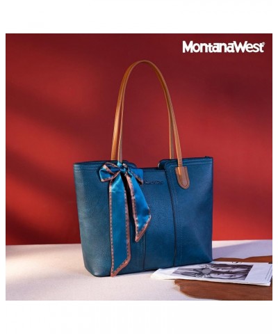 Tote Bags for Women Large Top Handle Handbags with Scarf Teal Blue $28.02 Totes