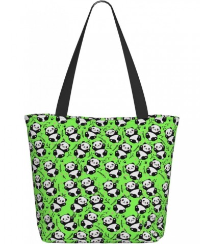 Women Shoulder Bag Cute-Panda-Green Foldable Tote Bag With Zipper Closure Casual Shopping Purse Daily Bag $16.35 Totes