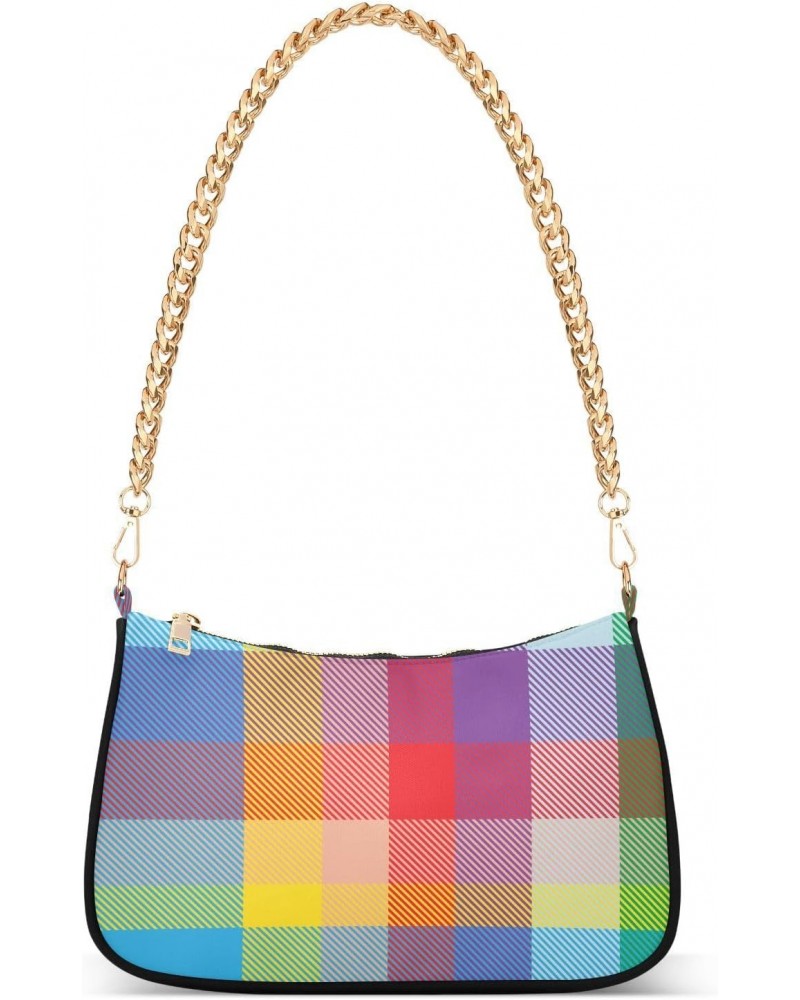 Shoulder Bag Rainbow Plaid Retro Rainbow Women Clutch Handbag Shoulder Purch Boho Bag Date Chain Bag Tote Bag Spring Holiday ...