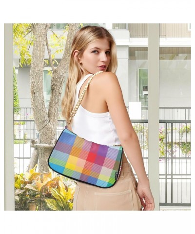 Shoulder Bag Rainbow Plaid Retro Rainbow Women Clutch Handbag Shoulder Purch Boho Bag Date Chain Bag Tote Bag Spring Holiday ...