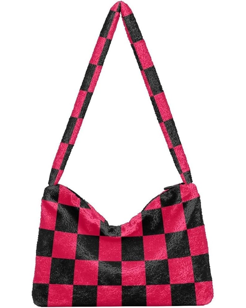 Checkerboard Plaid Shoulder Tote Bags for Women Furry Crossbody bag with Zipper Hobo Handbag Purses for College Work Travel C...