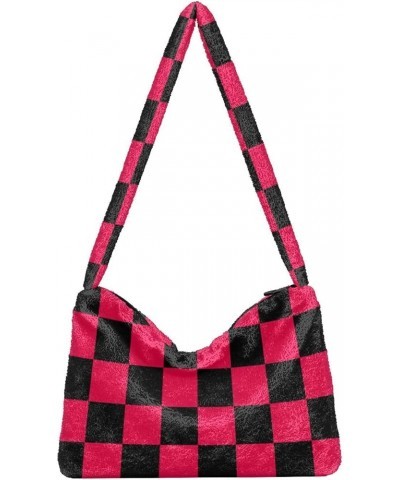 Checkerboard Plaid Shoulder Tote Bags for Women Furry Crossbody bag with Zipper Hobo Handbag Purses for College Work Travel C...