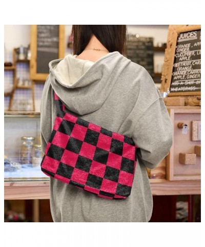 Checkerboard Plaid Shoulder Tote Bags for Women Furry Crossbody bag with Zipper Hobo Handbag Purses for College Work Travel C...