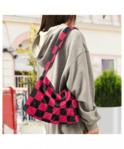 Checkerboard Plaid Shoulder Tote Bags for Women Furry Crossbody bag with Zipper Hobo Handbag Purses for College Work Travel C...