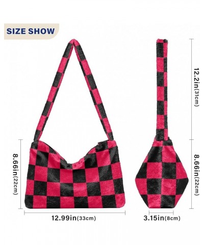 Checkerboard Plaid Shoulder Tote Bags for Women Furry Crossbody bag with Zipper Hobo Handbag Purses for College Work Travel C...