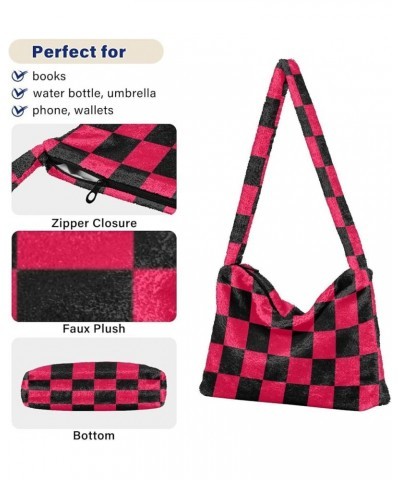 Checkerboard Plaid Shoulder Tote Bags for Women Furry Crossbody bag with Zipper Hobo Handbag Purses for College Work Travel C...