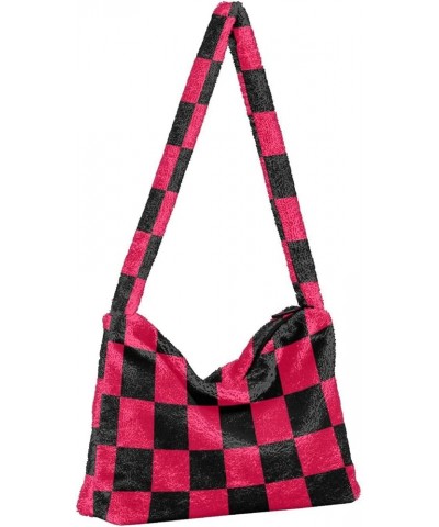 Checkerboard Plaid Shoulder Tote Bags for Women Furry Crossbody bag with Zipper Hobo Handbag Purses for College Work Travel C...