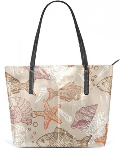 Handbags for Women Tote Bags with 11.08"(L) x 3.54"(W) x 11.02"(W) - Vintage Cartoon Fish Conch Starfish Retro $22.78 Totes