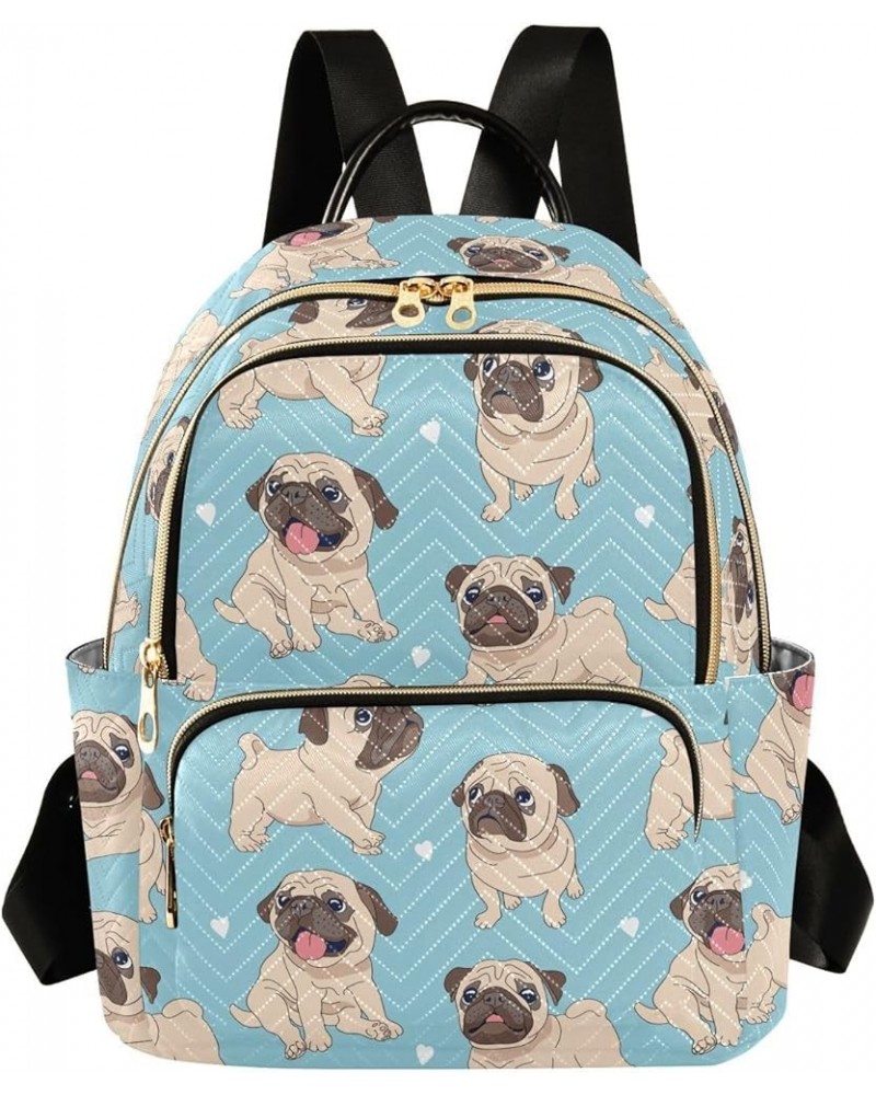 Blue Cartoon Pugs Backpack for Women Lightweight Casual Daily Quilted Travel Backpack 11.4×6.1×14.1 in Small $17.84 Backpacks