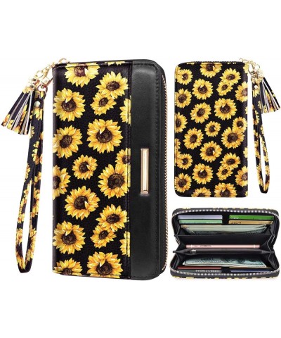 Wallets for Women PU Leather Card Holder Organizer Ladies Clutch with Tassel Wristlet Wrist strap Sunflower $12.64 Wallets