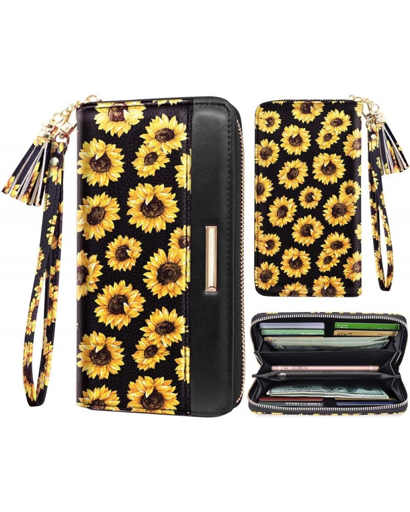 Wallets for Women PU Leather Card Holder Organizer Ladies Clutch with Tassel Wristlet Wrist strap Sunflower $12.64 Wallets