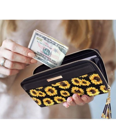 Wallets for Women PU Leather Card Holder Organizer Ladies Clutch with Tassel Wristlet Wrist strap Sunflower $12.64 Wallets