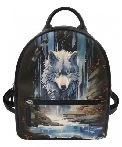 Women Galaxy Wolf Print Mini Backpack PU Leather Small Daypack Zipper Pocket Shoulder Bag,Black Wolf Cool White Wolf $19.24 B...