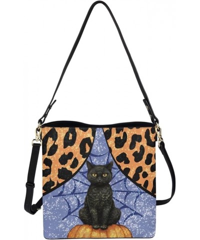 Leather Bucket Tote Bag for Women Hobo Handbags with Pockets Large Capacity Casual Shoulder Bag Leopard Black Cats $25.07 Hob...