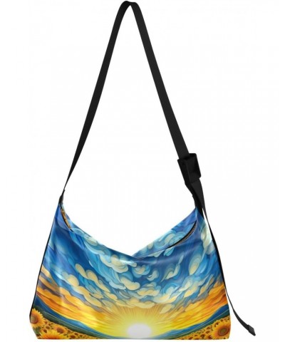 Sunflower Field Blue Tote Bag for Women Large Hobo Bags Crossbody Tote Bags Shoulder Hobo Bags with Adjustable Strap for Trav...