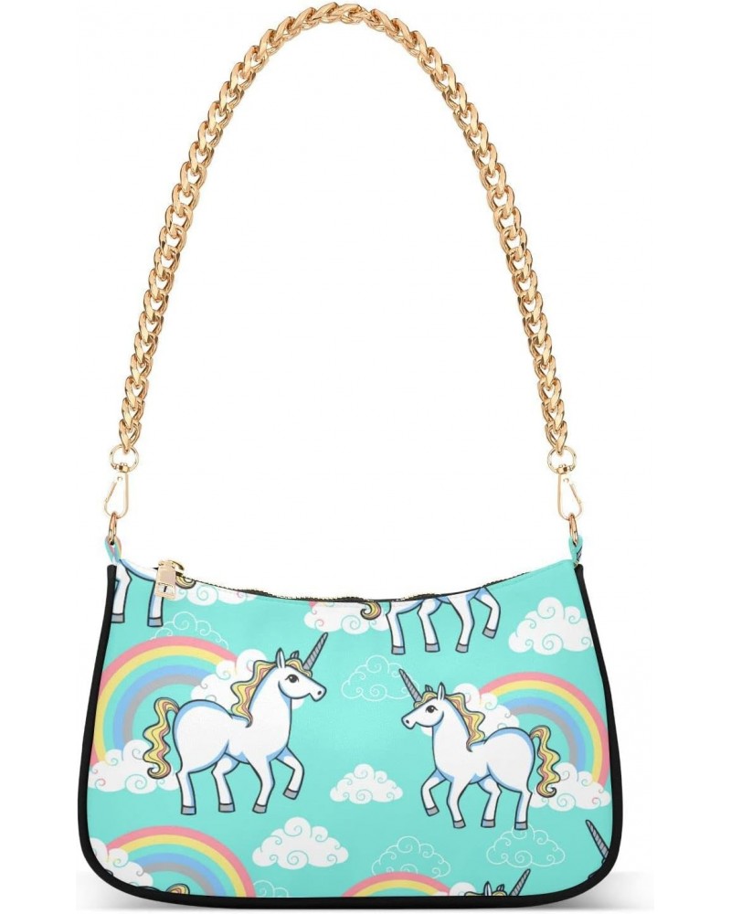 Blue Unicorn Rainbow Shoulder Bag for Women Fabric Crescent Handbag with Zipper Chain Clutch Purses for Travel Party Concert ...