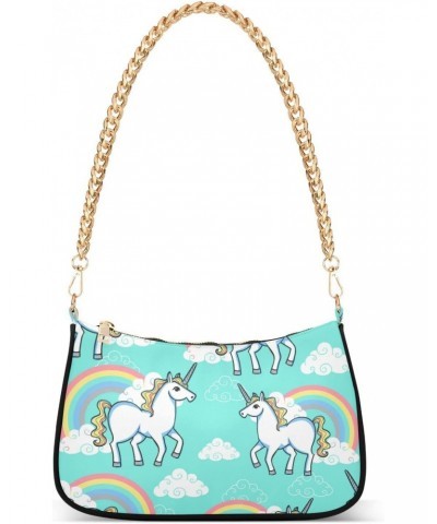 Blue Unicorn Rainbow Shoulder Bag for Women Fabric Crescent Handbag with Zipper Chain Clutch Purses for Travel Party Concert ...