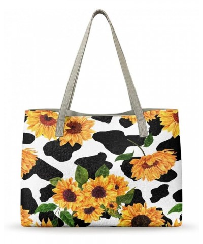 Women's Tote Handbags,Shoulder Bag for Women Girls,Large Leather Purses Cow Sunflower Print $23.00 Totes