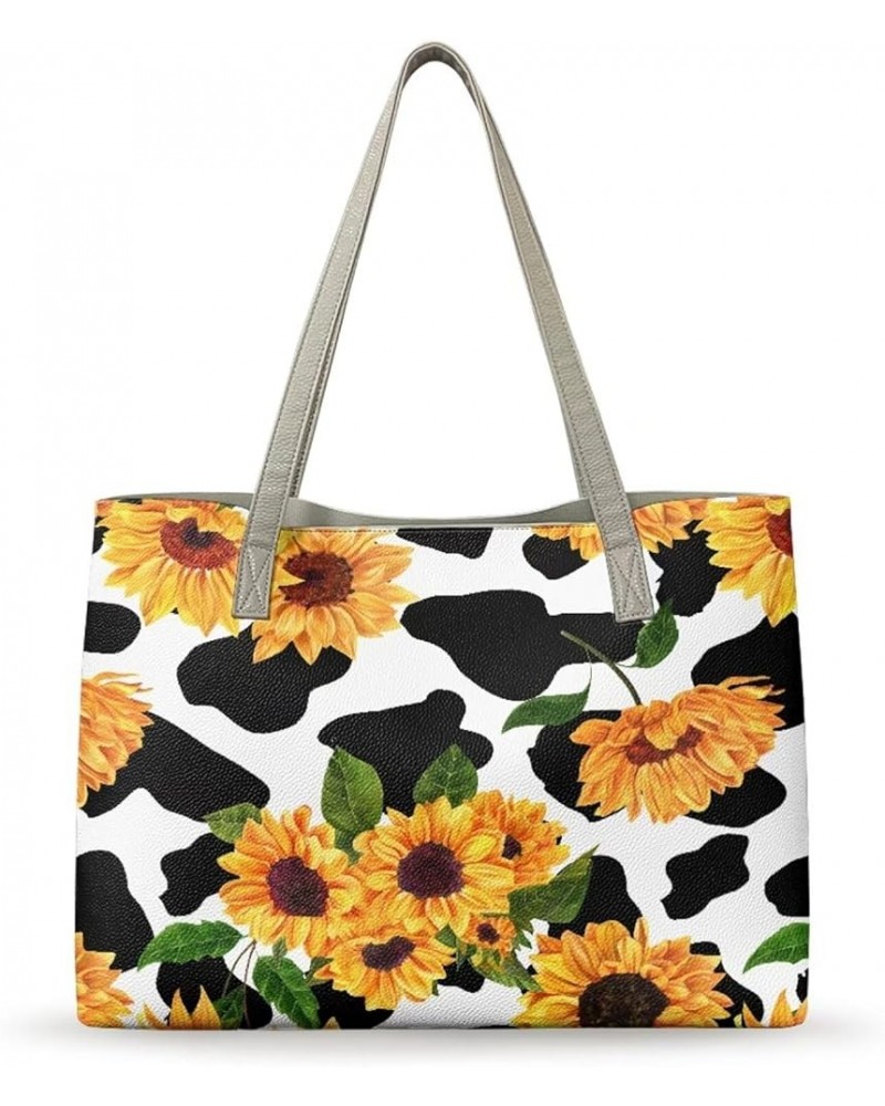 Women's Tote Handbags,Shoulder Bag for Women Girls,Large Leather Purses Cow Sunflower Print $23.00 Totes