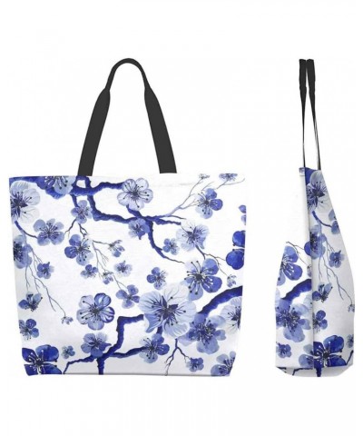 Women Tote Bag Large Shoulder Bag Travel Bag Handbag for Gym, Work, School - Blue Cherry Blossoms $12.64 Totes