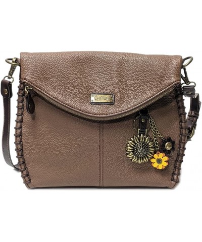 Charming Crossbody Bag Shoulder Handbag With Flap Top and Zipper Brown Metal Sunflower $31.20 Crossbody Bags