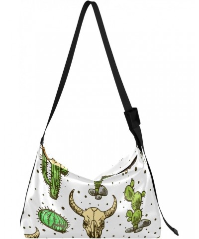 Skull Of Bull Hobo Crossbody Bags for Women Leather Large Shoulder Bag Cross Body Hand Drawn Cactus Trendy Womens Tote Bags H...