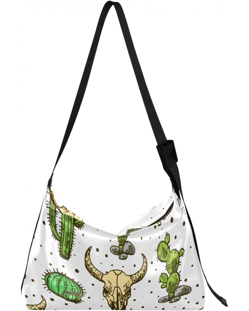 Skull Of Bull Hobo Crossbody Bags for Women Leather Large Shoulder Bag Cross Body Hand Drawn Cactus Trendy Womens Tote Bags H...