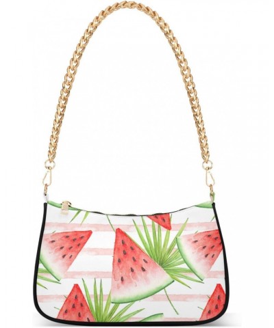 Women Chain Shoulder Purse Bag With Zipper Summer Watermelon Palm Leaves Print, Watercolor Fruit Hobo Tote Clutch Handbags wi...