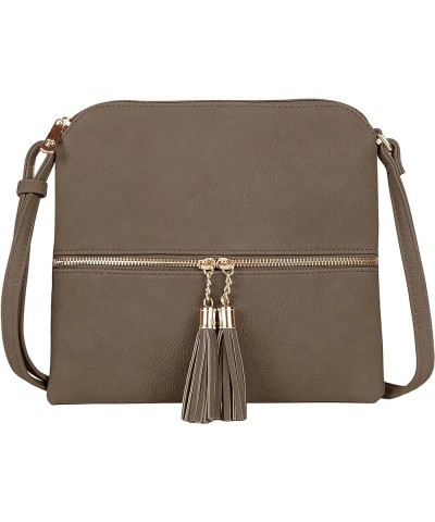 Lightweight Medium Crossbody Bag Shoulder Bag with Tassel and Zipper Pocket Khaki $9.20 Crossbody Bags