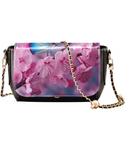 Blue Butterfly Pink Flowers Leather Crossbody Bag for Women Small Handbag with Chain Strap, Flip-Top Crossbody Purse $21.19 C...