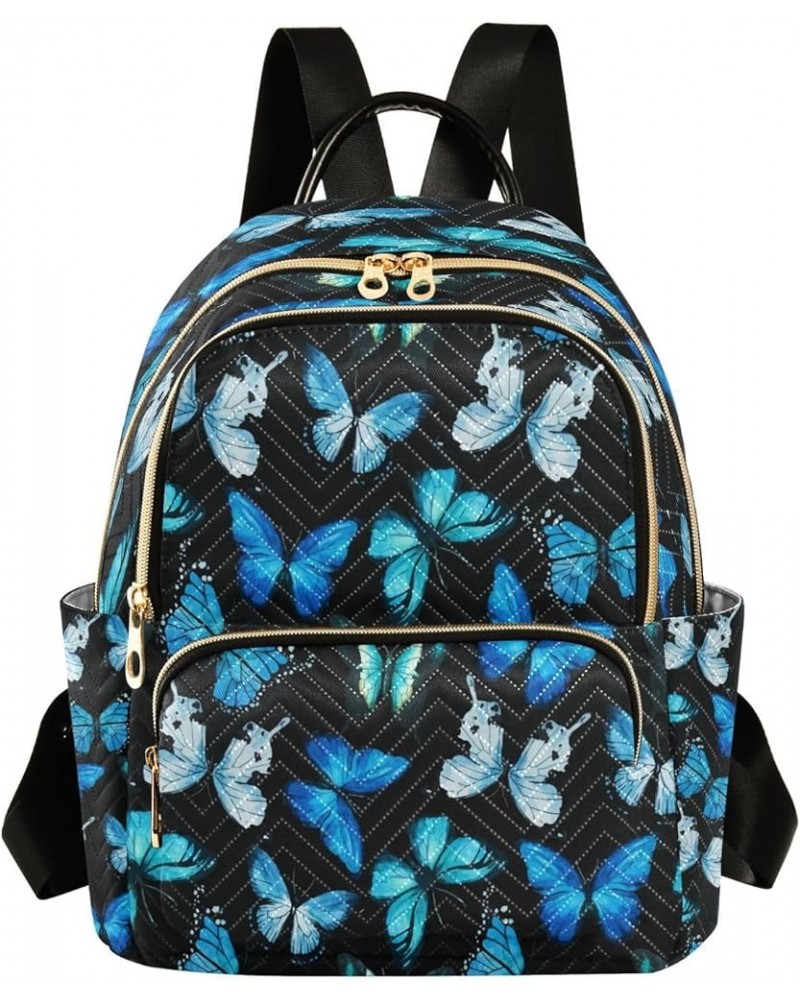 Blue Butterfly Black Women Backpack Purse Ladies Fashion Shoulder Bag Daypack Travel Bag 7.5L Small $17.66 Backpacks