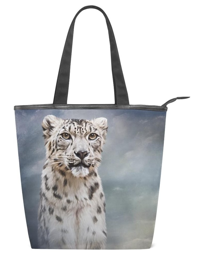 Tote Canvas Shoulder Bag Drawing Snow Leopard Womens Handbag $11.52 Shoulder Bags