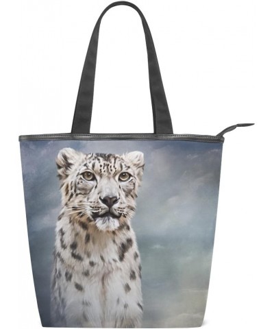 Tote Canvas Shoulder Bag Drawing Snow Leopard Womens Handbag $11.52 Shoulder Bags