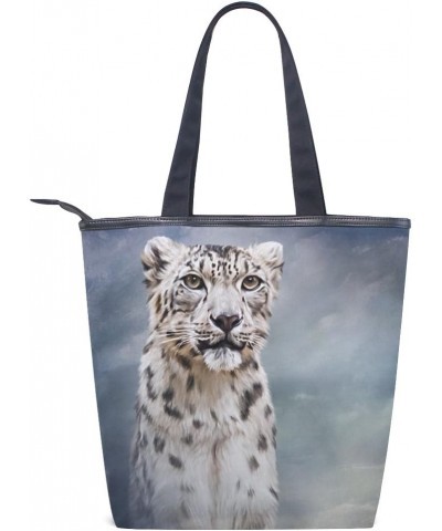 Tote Canvas Shoulder Bag Drawing Snow Leopard Womens Handbag $11.52 Shoulder Bags