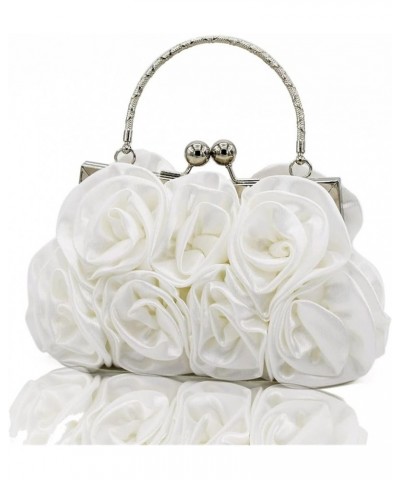 Satin flower cloth bag hand-stitched 14 roses dinner bag satin cloth dress bag bridal bag White $13.43 Shoulder Bags