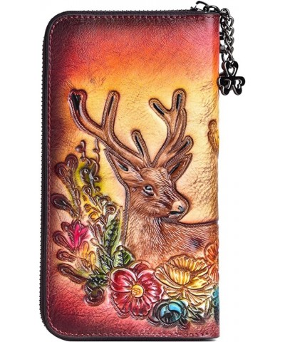 Women's Vintage Genuine Leather Long Purses Deer Head Embossing Clutch Wallet Large Capacity Card Holder Red $24.79 Wallets