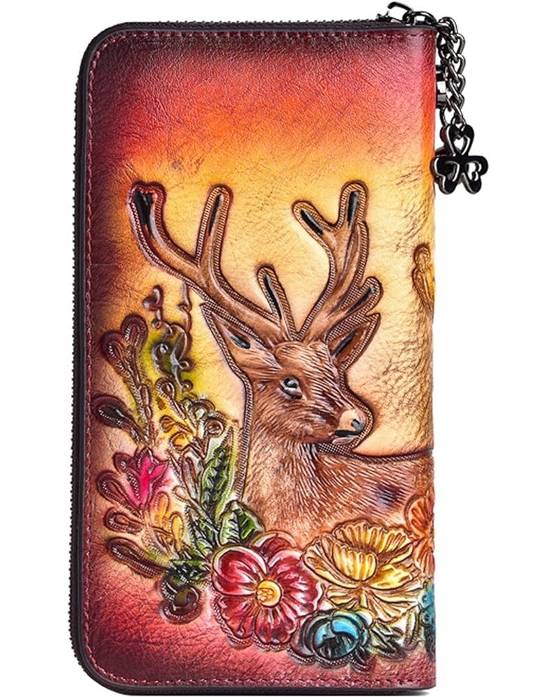 Women's Vintage Genuine Leather Long Purses Deer Head Embossing Clutch Wallet Large Capacity Card Holder Red $24.79 Wallets