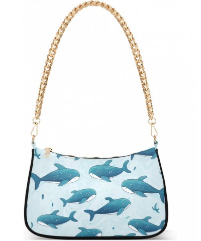 Ocean Cartoon Whale Clutch Shoulder Bag for Women, Hobo Tote Handbag with Gold Chain, Crossbody Bag with Zipper Closure $13.8...