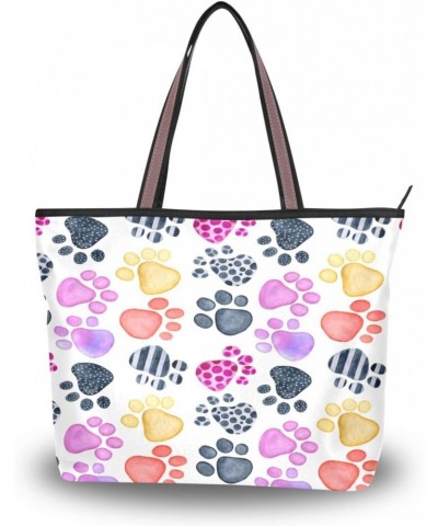 Womens Tote Bag, Watercolor Dog Paw Footprint Ladies Zip Shoulder Handbags $10.56 Shoulder Bags