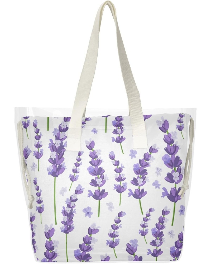 Violet Lavender Flowers Beach Tote Bag, 2 in 1 Clear Shoulder Bag Handbag for Women $13.33 Totes